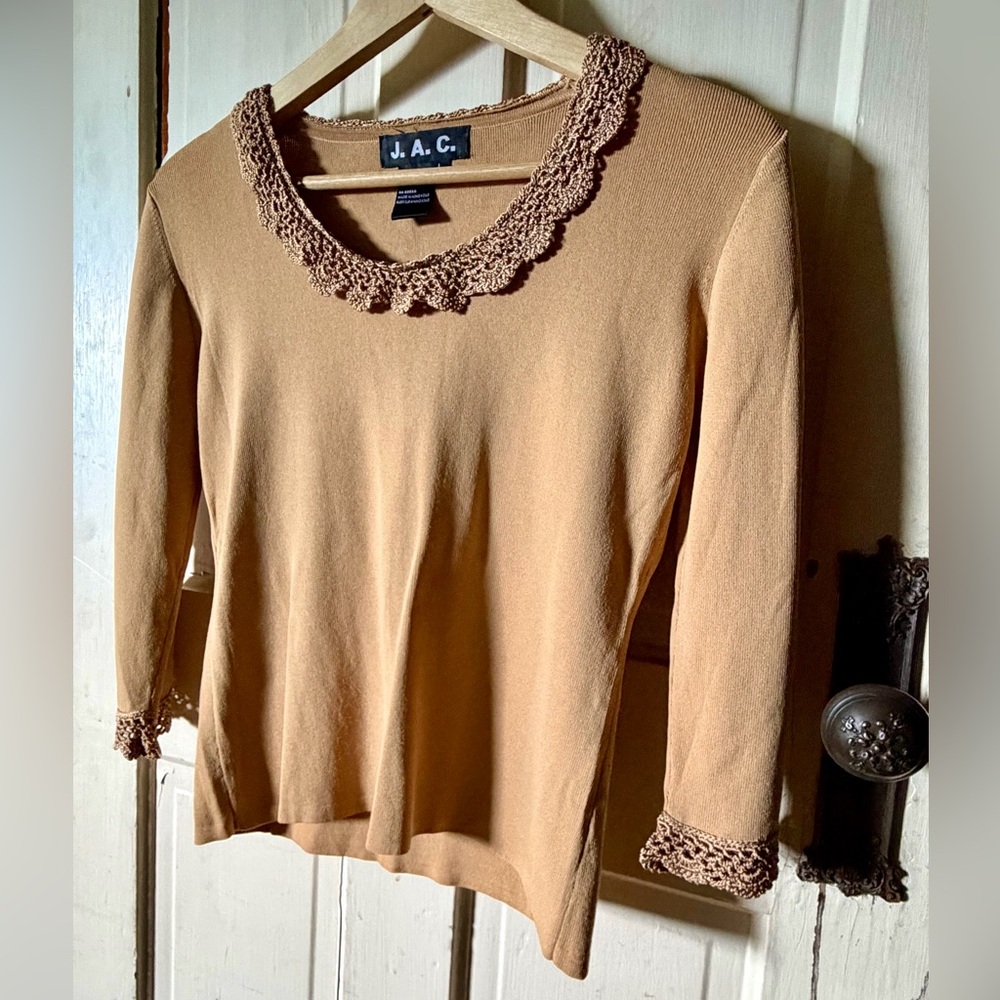 Quiet Luxury Knit Top Camel Crochet Trim Minimalist Feminine